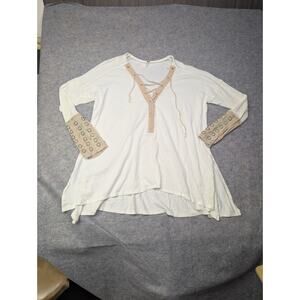 Free People Medium White Flowy Long Sleeve Ring Cuffs Boho Beachy Shirt Cotton